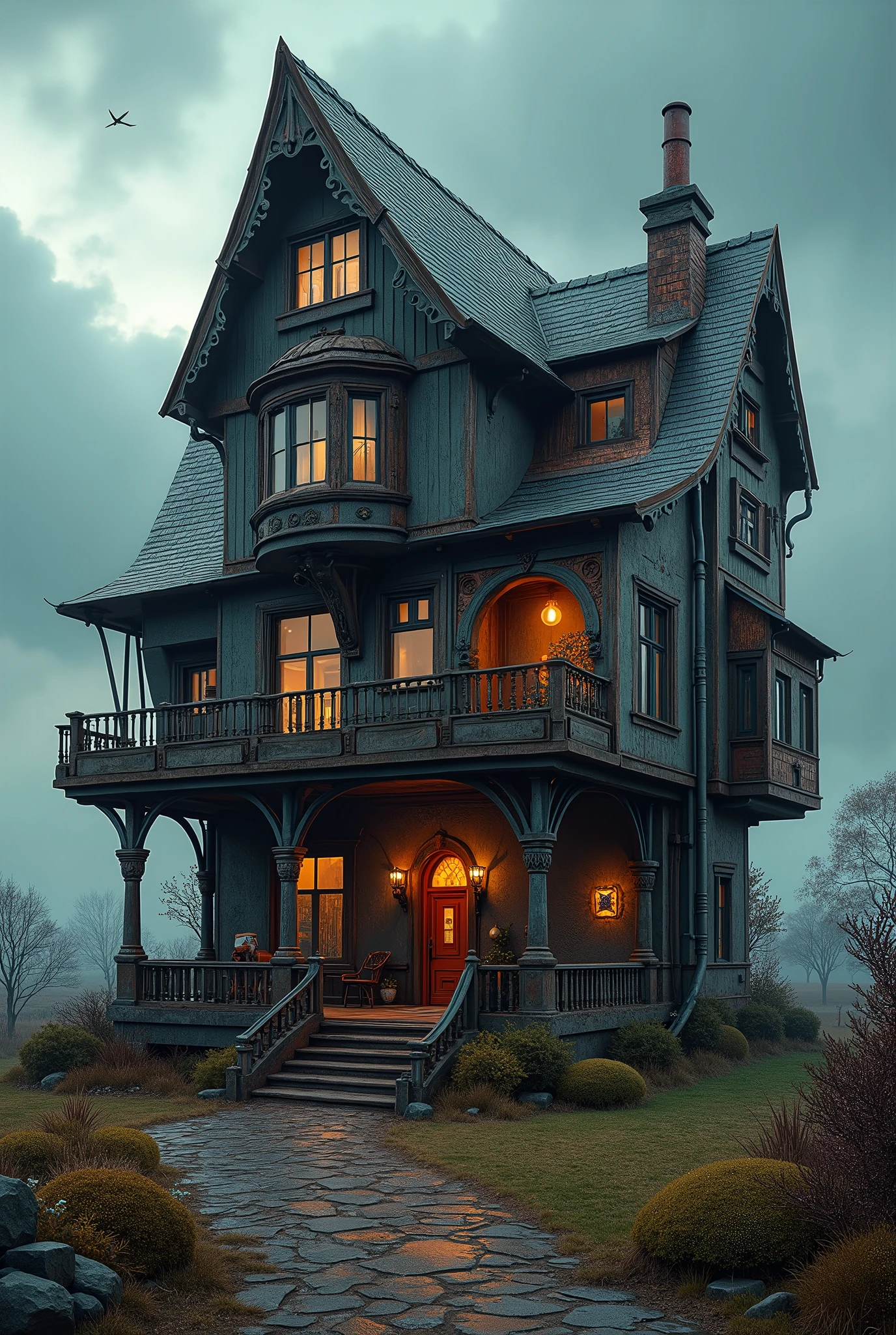 casa dieselpunk , vibrant, photorealistic, realistic, dramatic, dark, sharp focus, 8k