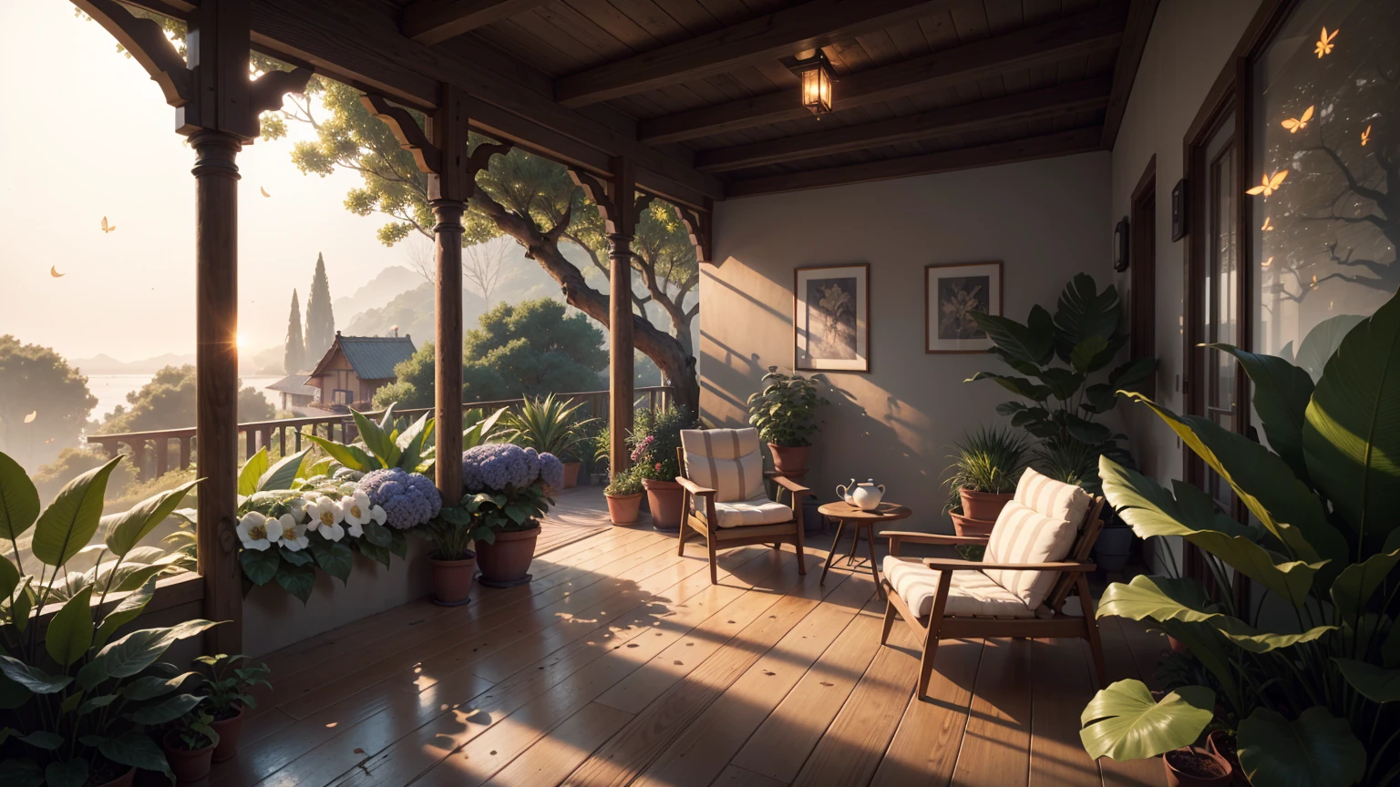 A magical courtyard in front of an elegantly designed house with soft, curved architecture, located by the sea in a lush jungle. The setting sun filters through the canopy, casting a golden glow over the scene. A cozy tea setup with delicate porcelain cups and a teapot is placed on a stone table surrounded by flowering plants and ferns, with the sea breeze rustling through the leaves. Enchanting Evening Retreat. Envision a cozy courtyard by a beautiful, fairy-tale house, The house glows with a cozy light, nestled in a garden teeming with diverse flowers and bushes. The garden is alive with colors and textures, from delicate blossoms to thick, leafy foliage. The setting sun bathes the scene in a warm, ethereal glow, with a tea table perfectly placed to enjoy the peaceful ambiance. A cozy tea setup with delicate porcelain cups and a teapot is placed on a stone table surrounded by flowering plants. masterpiece, Best Quality, (highly detailed CG Unity 8k wallpaper), (Best Quality), (Best Illustration), (BEST SHADOWS), Natural elements in the forest theme. mysterious forest, Beautiful forest, nature, surrounded by flowers, delicate leaves and branches surrounded by Fireflies (Natural elements), (Jungle theme), (leaves), (branches), (Fireflies), (particle effects), etc. 3D , Octane Rendering, Ray Tracing, super detailed
