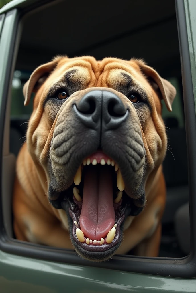 (photorealism:1.2), large plan of view of very angry and agressif shar pei dog showing teeth through a window of the passenger seat of a converted van