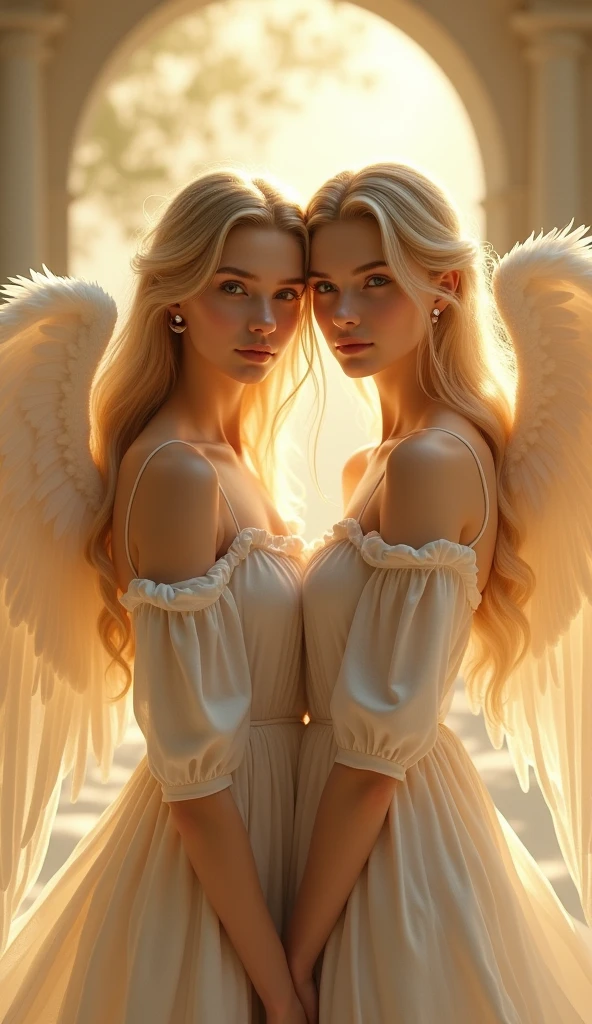 Very beautiful twin sister angels, Looking at the camera, whole body