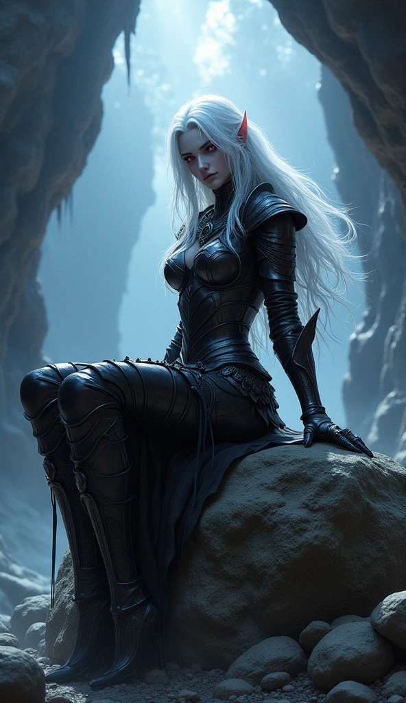 Drow female from baldur's gate, best quality, ultra-detailed CG unity 8k wallpaper, sitting on a boulder, legs crossed, high resolution, dynamic pose, beautiful face, (dark platemail, red eyes), depth of field, underdark setting, magic light), (high fantasy) (white Hair, long flowing hair)