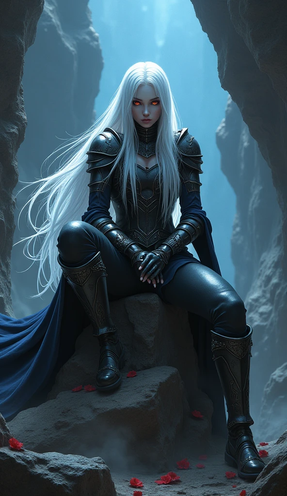 Drow female from baldur's gate, best quality, ultra-detailed CG unity 8k wallpaper, sitting on a boulder, legs crossed, high resolution, dynamic pose, beautiful face, (dark platemail, red eyes), depth of field, underdark setting, magic light), (high fantasy) (white Hair, long flowing hair)
