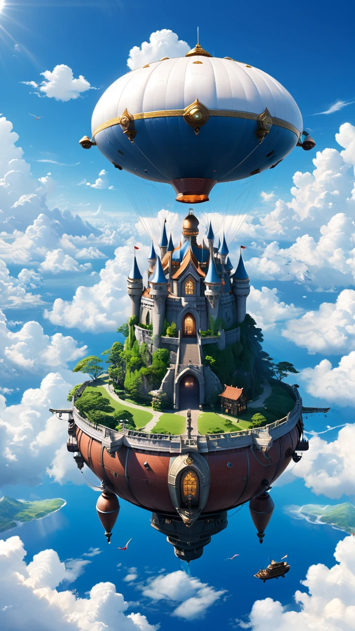 Laputa: Castle in the Sky、Laputa style、airship、White Entrance Cloud、blue sky、masterpiece, high quality, Ultra high definition