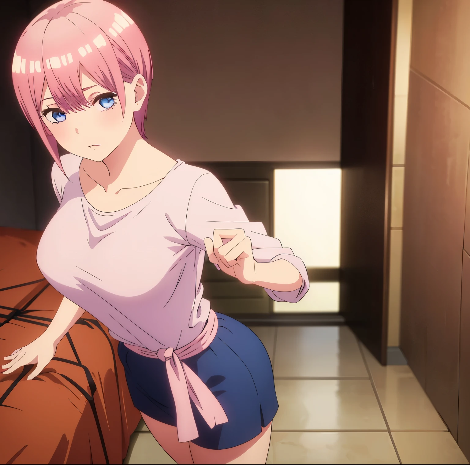 1 girl, solo, ichika nakano, short hair, salmon pink hair, blue eyes, soft and light skin, detailed eyes, looking at viewer, pink hair, earrings, standing, dull yellow shirt, Shirt, neckline, chest supported, lips parted, no pants, naked shirt, dress shirt, sexy body, curvy body, dynamic pose, bag, bangs, ladder, high quality, big breasts, medium waist , wide hips, medium thighs, interior, bedroom, Japanese style room, (1 girl), (solo), standing, best quality, ultra detailed, masterpiece, from the front, ((focus on breasts)), (breasts round) point of view (from the front), perfect anatomy, perfect hands, sexy girl, Nude, hot.