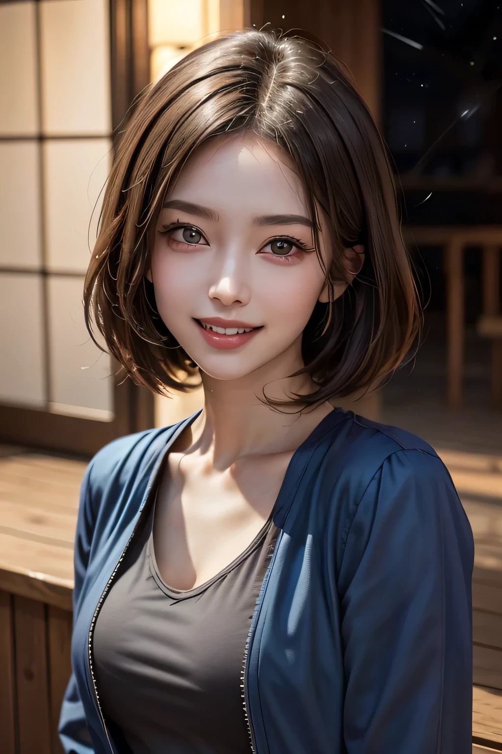 (highest quality, 8k, 32K, masterpiece), (Realistic), (Realistic:1.2), (High resolution), (night:1.7), Japan, cyber punk, 街の景Farbe, In front of the window,Wooden floor, Blue jacket, Grey Shirt, clavicle, jewelry, gem, Brunette Bob, 1 female, 4, (Grin), Beautiful body, beautifulNose, beautifulcharacter design, Perfect Eyes, perfectface, Expressive eyes, View your viewers, Center the image, (Cowboy Shot), Official Art, Very detailed CG Unity 8k wallpaper, Perfect lighting,Farbeful, bright_front_face_Lighting,Glowing Skin, (masterpiece:1.0),(Highest_quality:1.0), 超High resolution,4K,Very detailed, photograph, 8k, High resolution, High resolution, absurdes:1.2, Kodak Port 400, Film Grain, Blurred Background, bokeh:1.2, Lens flare, (Vibrant_Farbe:1.2) (beautiful,chest), (beautiful_face:1.5),(narrow_Waist)