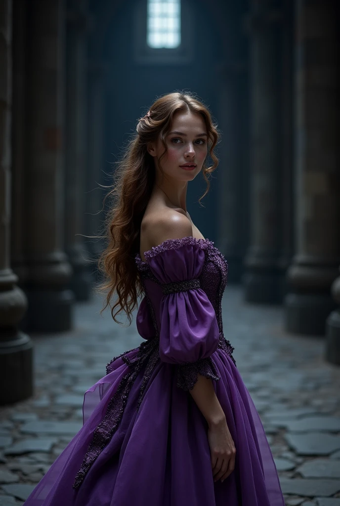Most beautiful brunette anime baroque princess with amethyst eyes wearing a red ball gown, inside a medieval castle