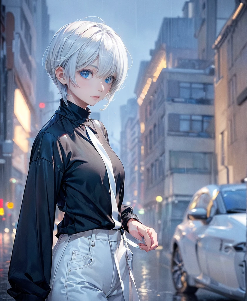 ((4K Works))、masterpiece、(Highest quality)、One beautiful girl、The body is slim、expensive、((Black Y-shirt and white pants、Charming street style))、Please put on a jacket.、Wearing a hood to hide his face、(Beautiful eyes in every detail)、Morning City、((Rainy Town))、Fashionable city with morning rain、During a walk、((Face similar to Carly Rae Jepsen))、((short-haired gray hair))、((Makes your face smaller))、((Neutral face))、((Bright Blue Eyes))、((American adult women))、((Adult female, 2))、((Cool woman))、((Like a celebrity))、((A lonely look))、((Korean Makeup))、((elongated and sharp eyes))、((Happy Date))、((boyish))、((Upper body photo shoot))、Professional photos、((Model Photo))、((Shot alone))、((She is under the roof))、((Look up at the sky))、((Shooting from behind))、((She is looking upwards))、((Her eyes are looking up))、((Increase the angle of the face))、((She is walking in front of the viewer))