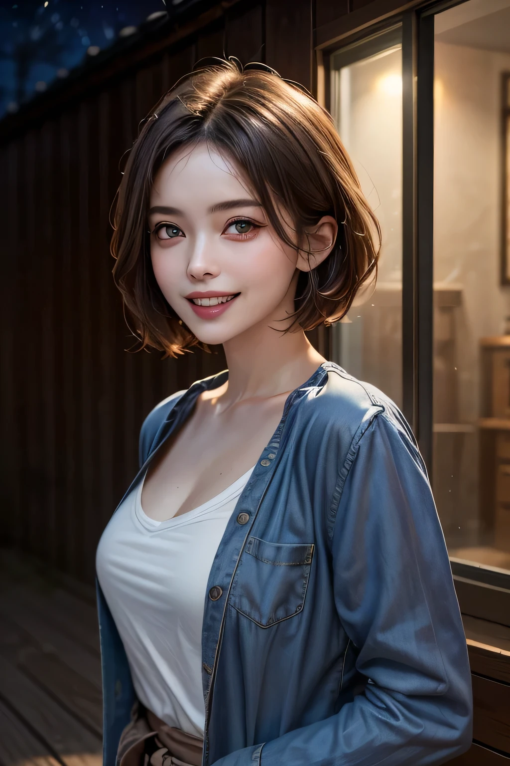 (highest quality, 8k, 32K, masterpiece), (Realistic), (Realistic:1.2), (High resolution), (night:1.7), Japan, cyber punk, 街の景Farbe, In front of the window,Wooden floor, Blue jacket, Grey Shirt, clavicle, jewelry, gem, Brunette Bob, 1 female, 4, (Grin), Beautiful body, beautifulNose, beautifulcharacter design, Perfect Eyes, perfectface, Expressive eyes, View your viewers, Center the image, (Cowboy Shot), Official Art, Very detailed CG Unity 8k wallpaper, Perfect lighting,Farbeful, bright_front_face_Lighting,Glowing Skin, (masterpiece:1.0),(Highest_quality:1.0), 超High resolution,4K,Very detailed, photograph, 8k, High resolution, High resolution, absurdes:1.2, Kodak Port 400, Film Grain, Blurred Background, bokeh:1.2, Lens flare, (Vibrant_Farbe:1.2) (beautiful,chest), (beautiful_face:1.5),(narrow_Waist)