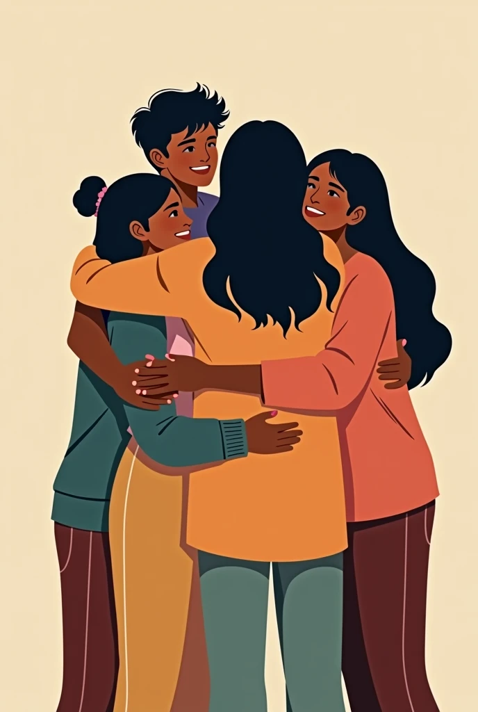 Group hug- 5 people, 2 boys and 3 girls- all Indians, no face