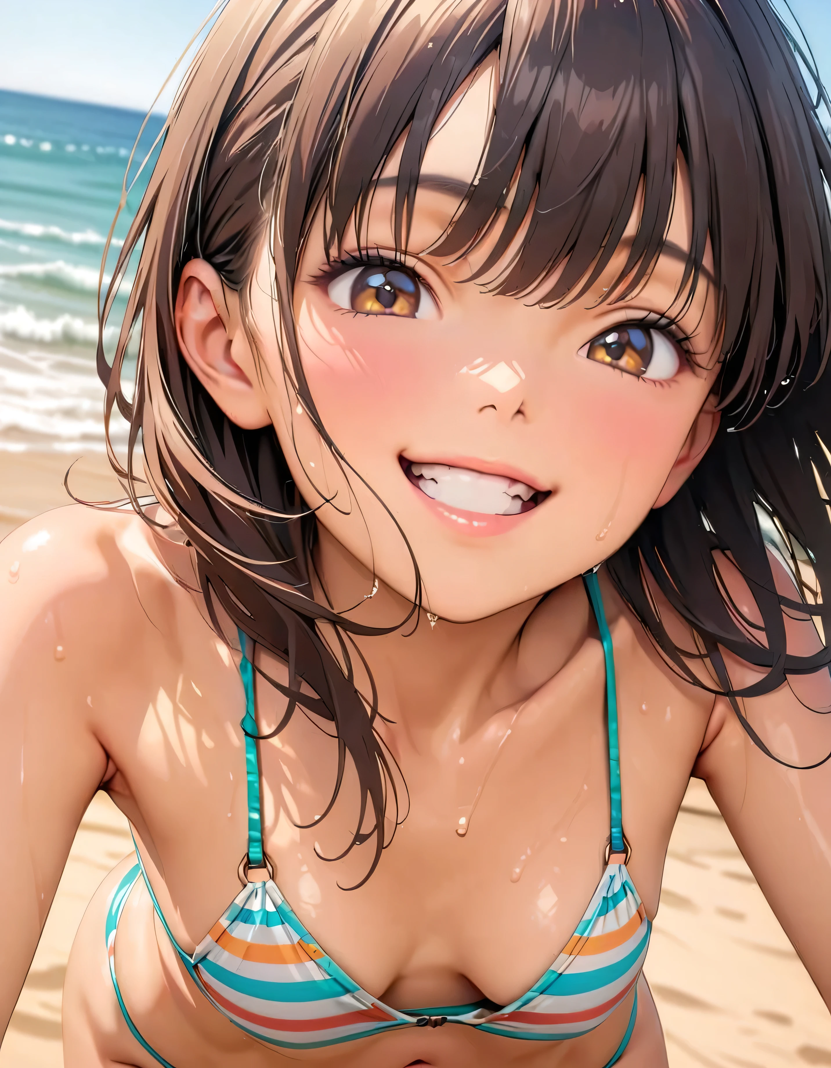 (Highest quality:1.2, Very detailed, up to date, Vibrant, masterpiece:1.2, Highest quality, Best aesthetics), smile, ((Face Up Shot:1.4)), 1980s style, 8k Ultra HD, Background Blur, smile, One Woman, Woman in bikini, Strong sunlight, Seaside, sunny, Summer sunshine, Wet Skin, Sandy Beach, Dynamic Angle, dynamic, Get excited, low length, very young, flat chested