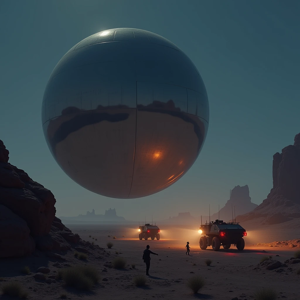 A massive smooth surfaced mirrored sphere hovers above the desert floor at night, military vehicles drive toward the sphere, photo realistic