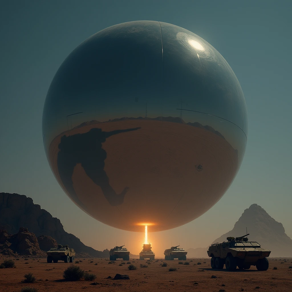 A massive smooth surfaced mirrored sphere hovers above the desert floor at night, military vehicles drive toward the sphere, photo realistic