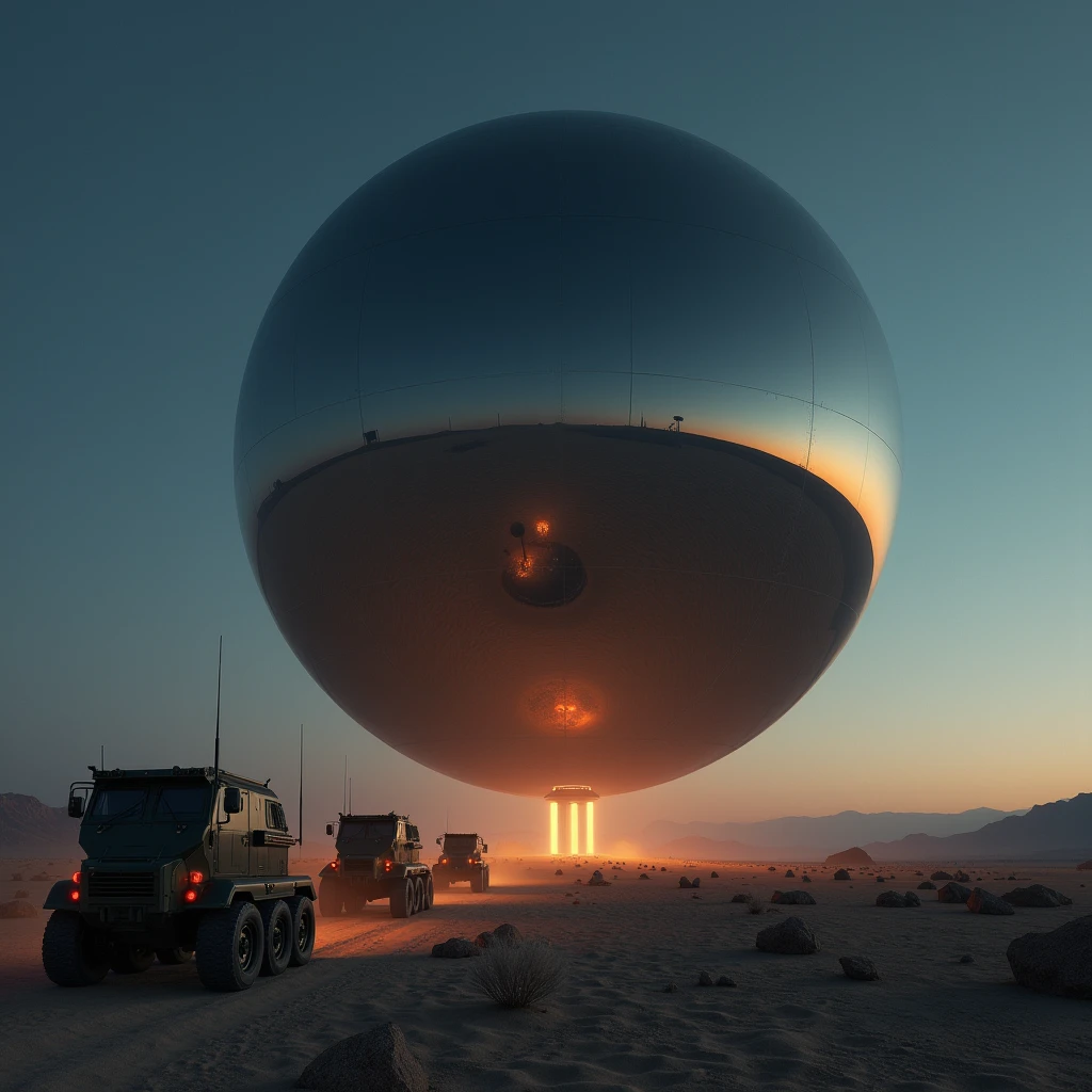 A massive smooth surfaced mirrored sphere hovers above the desert floor at night, military vehicles drive toward the sphere, photo realistic