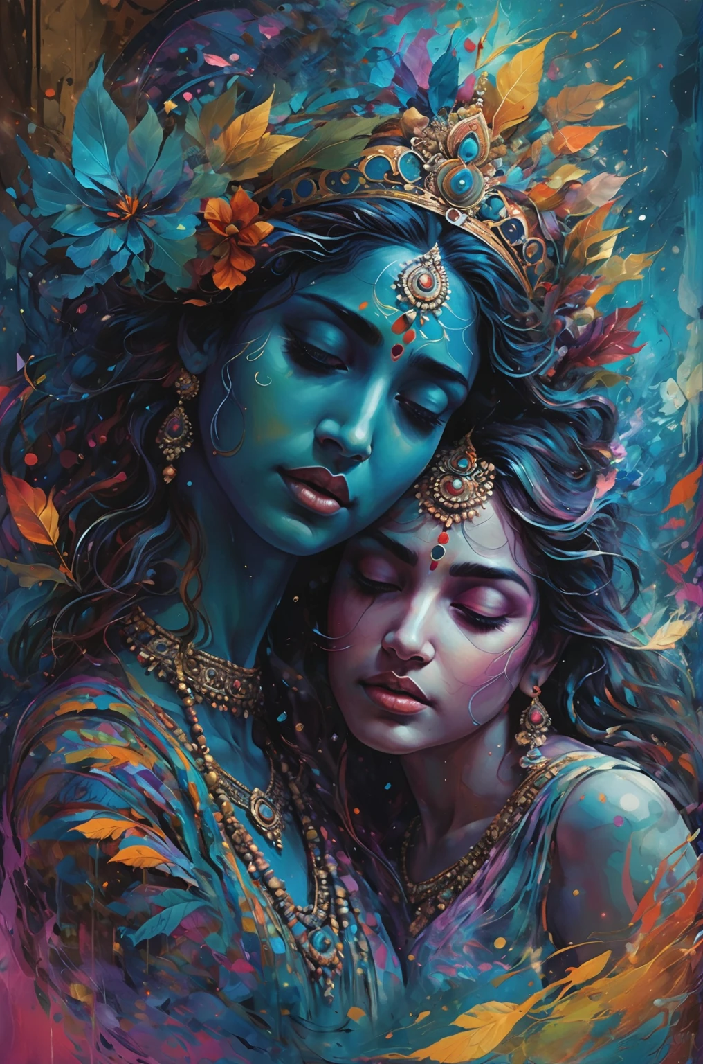  an ethereal and abstract digital painting of Radha and Krishna, centered and looking directly at the viewer. The scene is bathed in soft moonlight, highlighting their divine beauty and connection. The composition approaches perfection with dynamic, fluid lines and energetic brushwork. Bold, vivid colors swirl around them, forming abstract patterns and fractal designs that evoke a sense of cosmic unity and divine romance. The artwork should be highly detailed, with expressive and emotional elements that draw from the styles of Carne Griffiths, Wadim Kashin, and other mentioned artists. 

Incorporate zentangle, mandala, and entangled forms around the figures, blending them seamlessly into the composition. The background features streaming musical notes that add a sense of atmospheric ecstasy, enhancing the mystical ambiance. The image should evoke the most beautiful form of chaos, with Radha and Krishna appearing as elegant, almost otherworldly beings amidst a whirlwind of abstract forms and vivid colors. This 8K masterpiece should be a stunning concept art piece, rich in texture and depth, with a blend of romanticism, brutalist design, and vivid, emotional energy.