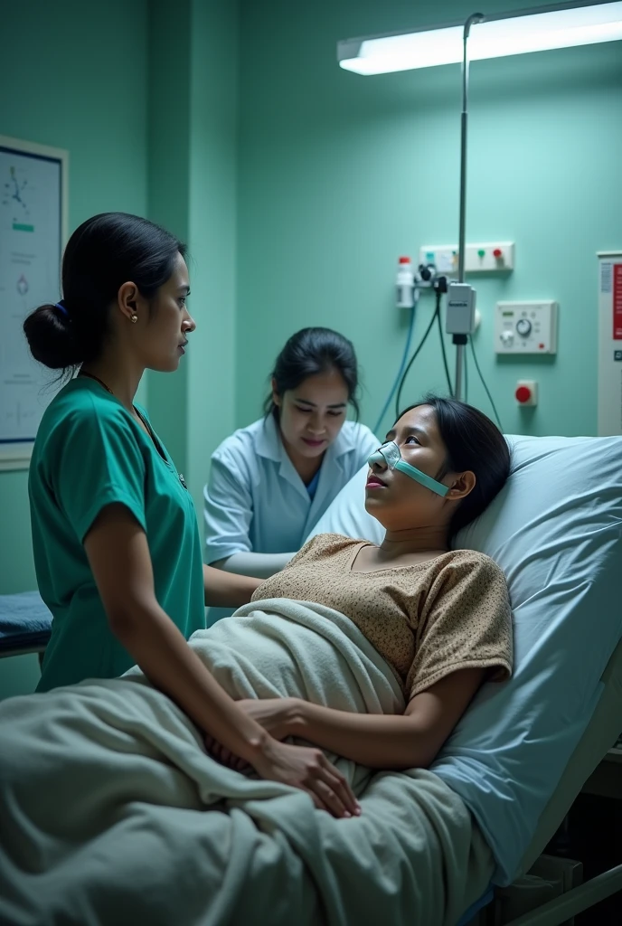 A bangladeshi woman lies in magura shadar hospital bed on oxygen, cover by blankets, beside a nurse and a doctor