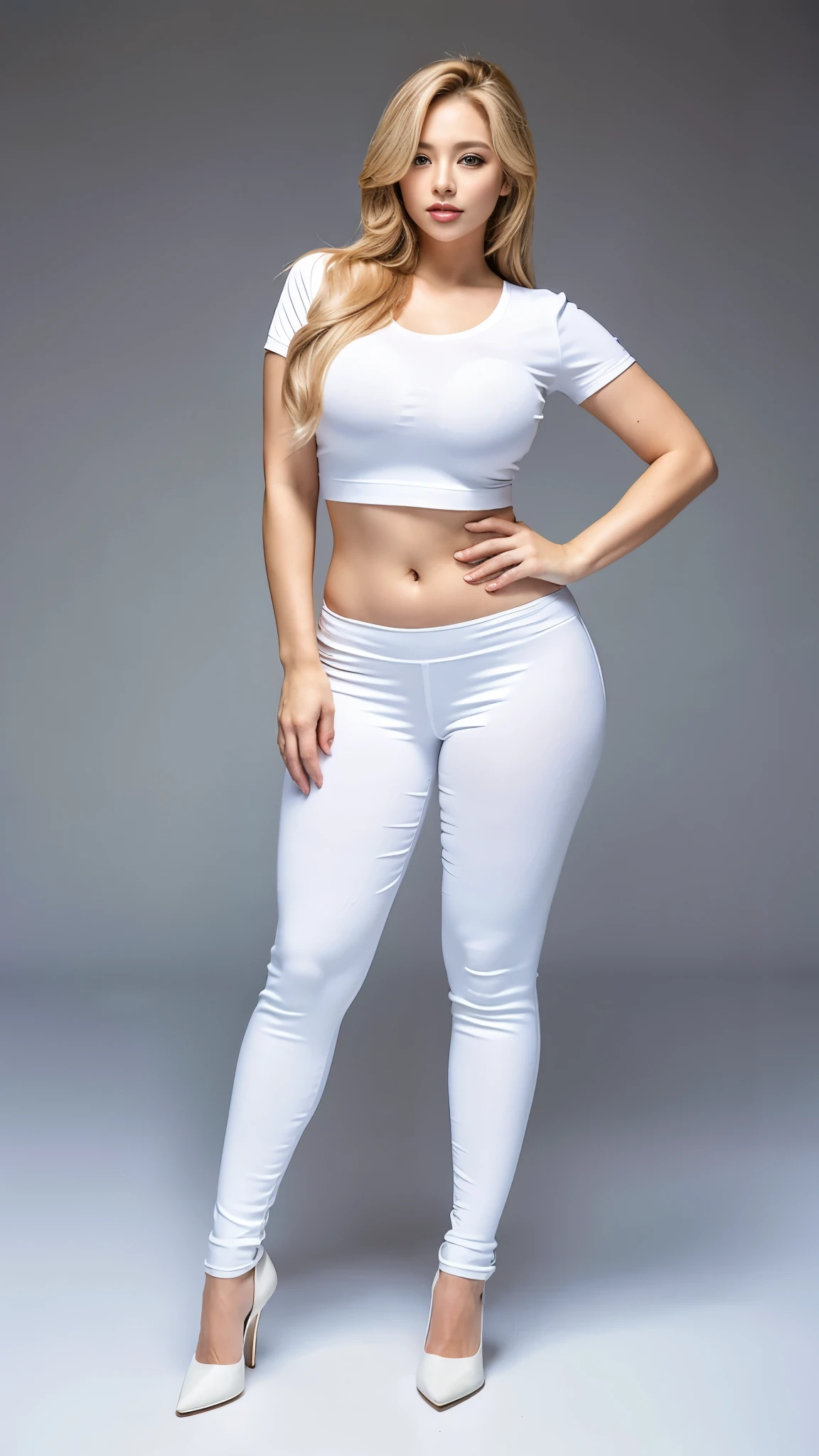 A sexy korean woman, long flowy blonde hair, glossy lips, plump body, long legs, heavy breasts, giant breasts, huge breasts, massive breasts, juicy breasts, succulent breasts, enormous breasts, braless, wearing casual white tight shirt with rounded-neck jersey short-sleeve, pink legging pants, high heels, stilettos, full body, standing on the floor, detailed body, at photo studio, white backdrop, dynamic light, 8K, masterpiece, ultra detailed, professional studio lighting.