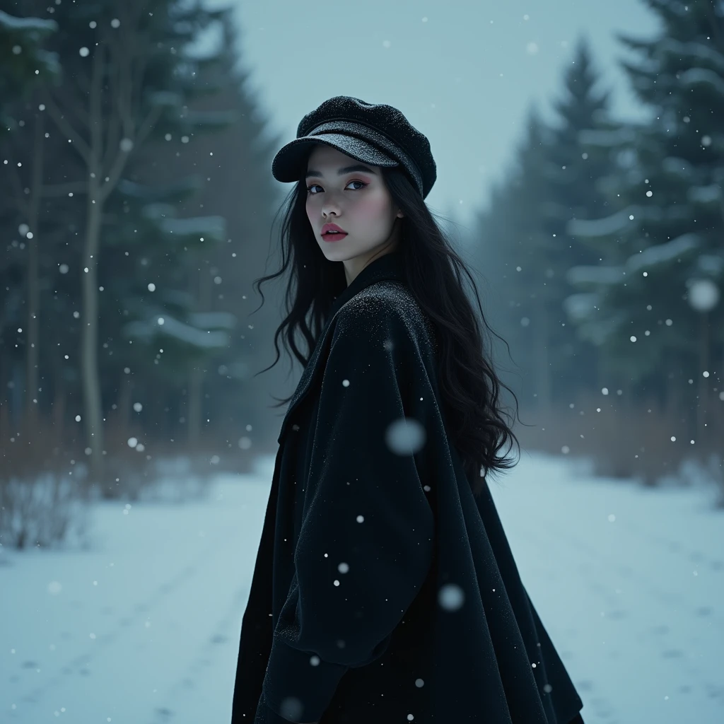 (masterpiece, hyperrealism, sharp images, photorealistic, best quality:1.5), (Photo taken from her back, she is not looking, view) , (Full body portrait), (highly detailed face:1.5), (has white skin, highly detailed skin:1.8), (20 years old woman) (she has very black wavy hair) (breast size: 1.3), detailed hd beautiful dark green eyes, lips marked with pink lipstick, flirtatious look, big light green eyes, bold black eye shadows, huge eyelashes, (she is wearing stylish black coat, with cap) (she looks as the snow falls, she has a face like she is thinking or imagining something) (she is walking in forest) (everything is covered with snow) (background, it is already dark, there are black and blue clouds, it is snowing and it is cold). the perspective of her back, She is not looking at the camera