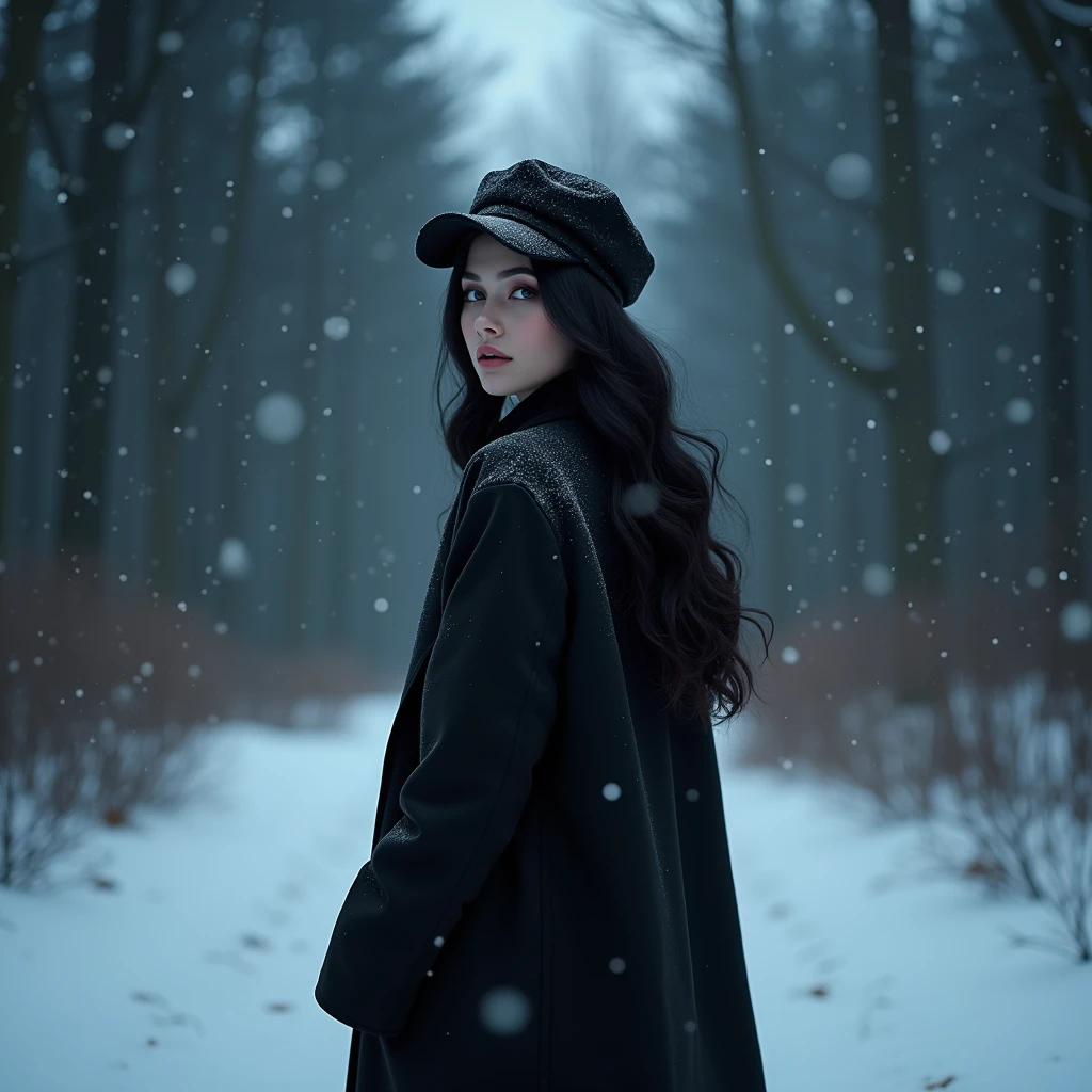 (masterpiece, hyperrealism, sharp images, photorealistic, best quality:1.5), (Photo taken from her back, she is not looking, view) , (Full body portrait), (highly detailed face:1.5), (has white skin, highly detailed skin:1.8), (20 years old woman) (she has very black wavy hair) (breast size: 1.3), detailed hd beautiful dark green eyes, lips marked with pink lipstick, flirtatious look, big light green eyes, bold black eye shadows, huge eyelashes, (she is wearing stylish black coat, with cap) (she looks as the snow falls, she has a face like she is thinking or imagining something) (she is walking in forest) (everything is covered with snow) (background, it is already dark, there are black and blue clouds, it is snowing and it is cold). the perspective of her back, She is not looking at the camera