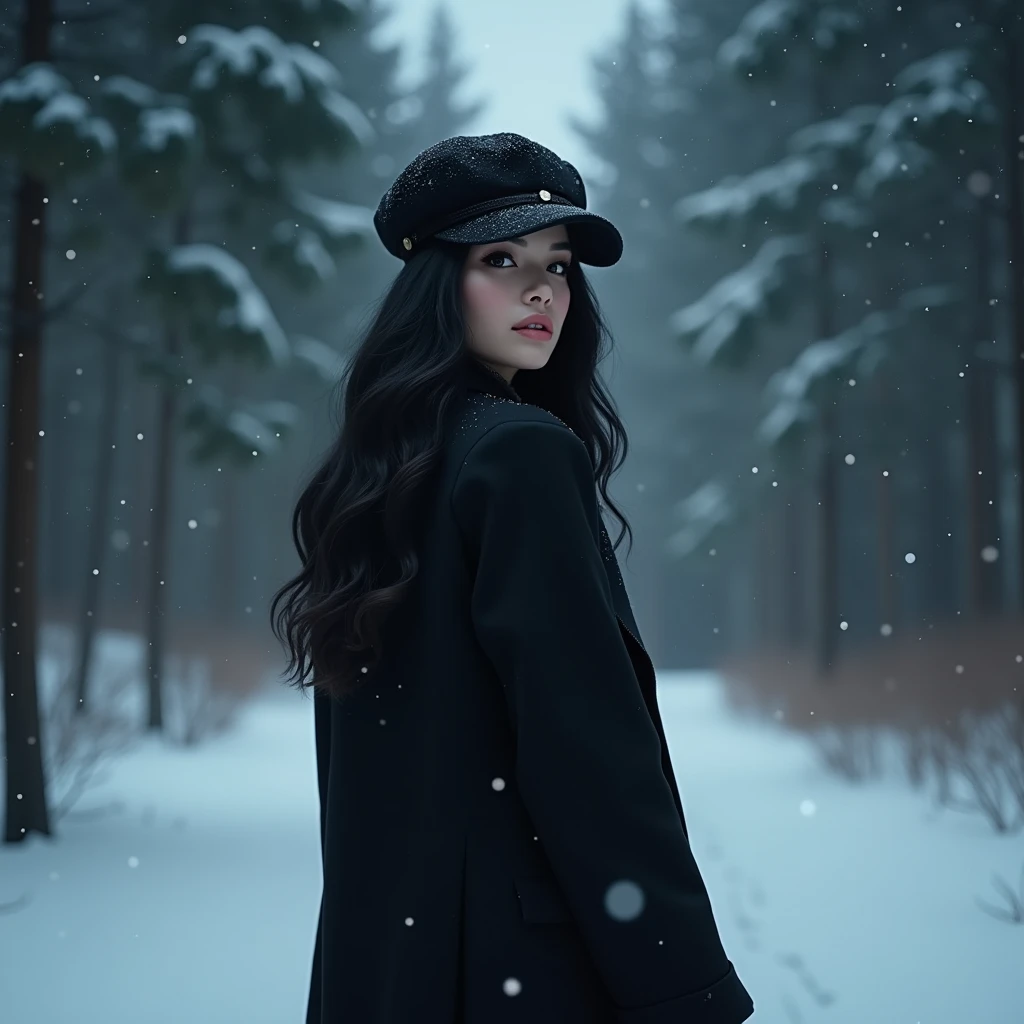 (masterpiece, hyperrealism, sharp images, photorealistic, best quality:1.5), (Photo taken from her back, she is not looking, view) , (Full body portrait), (highly detailed face:1.5), (has white skin, highly detailed skin:1.8), (20 years old woman) (she has very black wavy hair) (breast size: 1.3), detailed hd beautiful dark green eyes, lips marked with pink lipstick, flirtatious look, big light green eyes, bold black eye shadows, huge eyelashes, (she is wearing stylish black coat, with cap) (she looks as the snow falls, she has a face like she is thinking or imagining something) (she is walking in forest) (everything is covered with snow) (background, it is already dark, there are black and blue clouds, it is snowing and it is cold). the perspective of her back, She is not looking at the camera