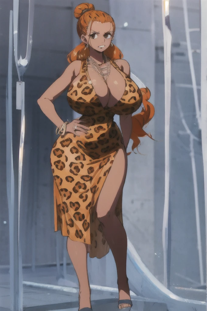 Nami,One piece,slicked high Top knot hairstyle,Big breast,Blue drop earring,Thin orange leopard print dress with cleavage,Wedding ring,Orange hair,Absalom wife,Necklace,Hoop bracelet,Long nail,Wide hips,gaze in viewer,Fullbody view,Solo,half eyes expression,Spouty lips,Mature,needy gesture,Tanned skin,