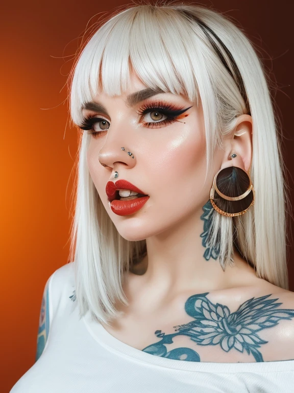 (masterpiece, best quality, photorealistic realistic,) 1 women, blunt bangs, shirt, white shirt, white hair, shiny brown eyes, thin eyebrows, eyelashes, licking lips, lipstick, long hair, looking at viewer, makeup, nose, open mouth, orange background, red lips, single, tongue out, upper body, arm tattoo, blurred background, close up, chest tattoo, depth of field, makeup, motion blur, shoulder tattoo, tattoo, ear piercing, earrings, stud earrings
