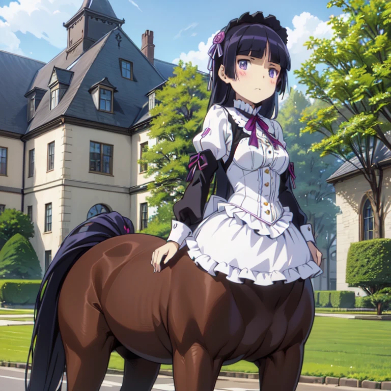 ((centaur)), (taur), (centauroid),  (ruri gokou), woman, alone, Hime cut, Long Hair, Gothic & Lolita Fashion, Lolita Fashion, hoof, palace、garden、blue sky
