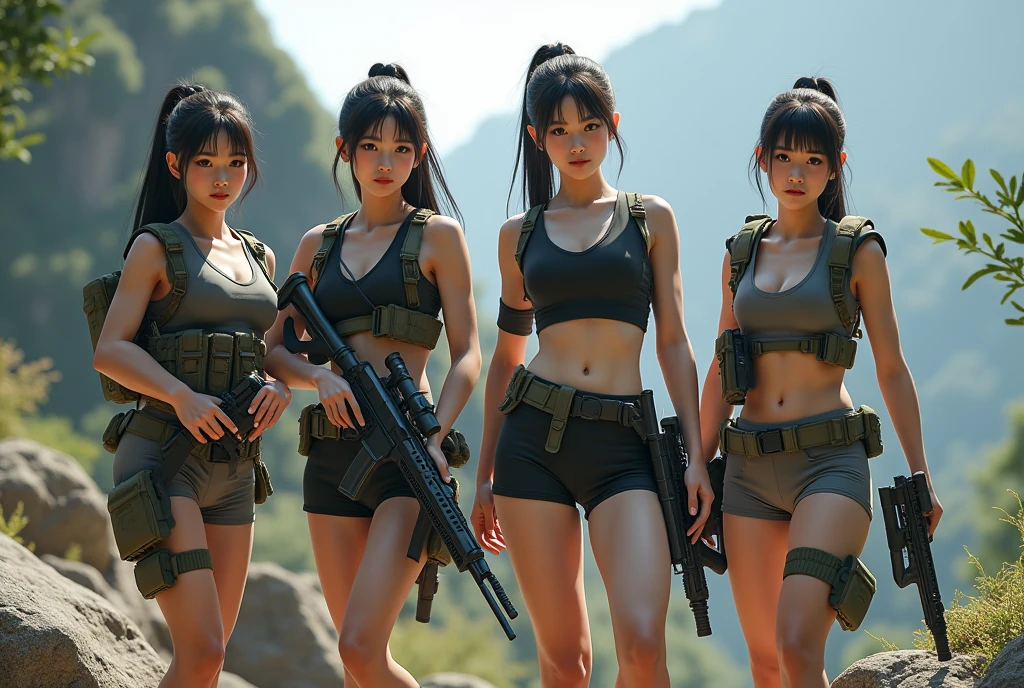 Asian. Five Lightly Armed Beautiful Girl Soldiers Wearing Compression 