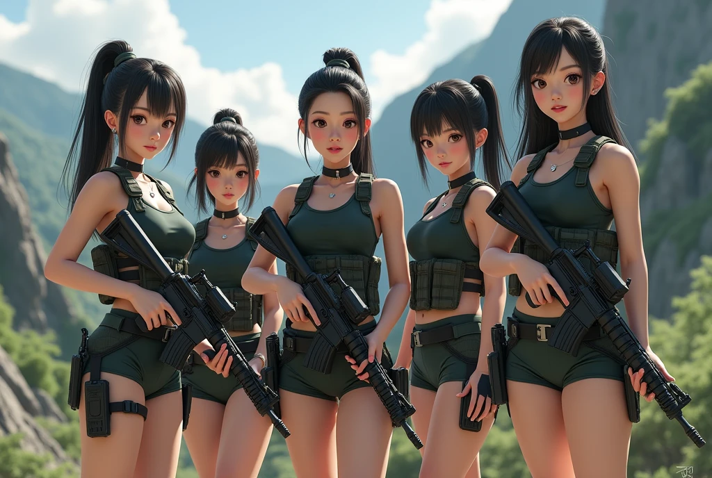 Asian. Five lightly armed beautiful girl soldiers wearing compression shorts.