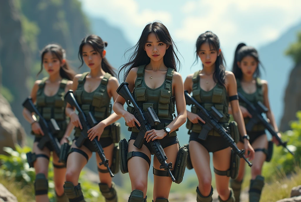 Asian. Five lightly armed beautiful girl soldiers wearing compression shorts.