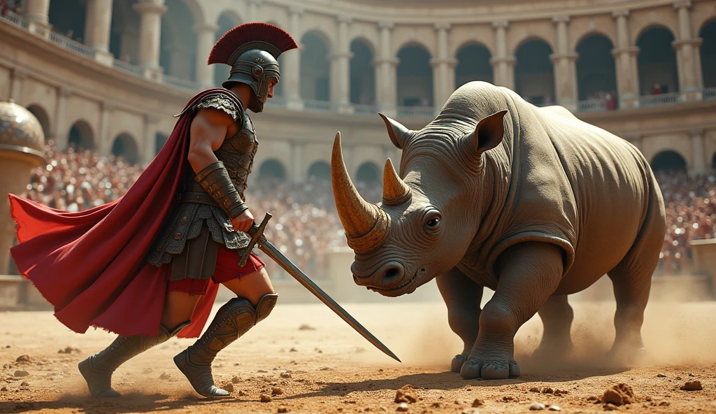 A Roman gladiator fighting a rhinoceros in the coliseum