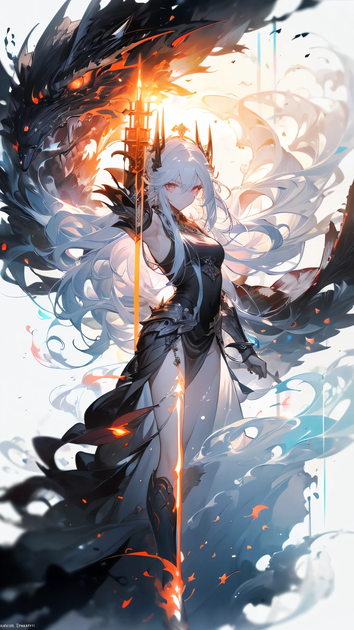 ((masterpiece, best quality)), Epic battlefield atmosphere,Black Myth,Journey to the West,flame,Delicate face,Depicts a beautiful warrior with long hair, Flowing white hair,whole body,Standing picture,Sparkling eyes,Perfect body proportions