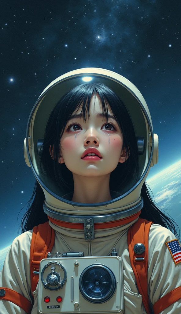 Adult female、Japanese、Black Hair、Brown eyes、Pink Lips、Shortcuts、Retro spacesuit、Upper Body、Look Up、tears、Crying face、universe space、Real、Masterpiece、Highest quality、Light reflecting off the helmet、 bubble helmet