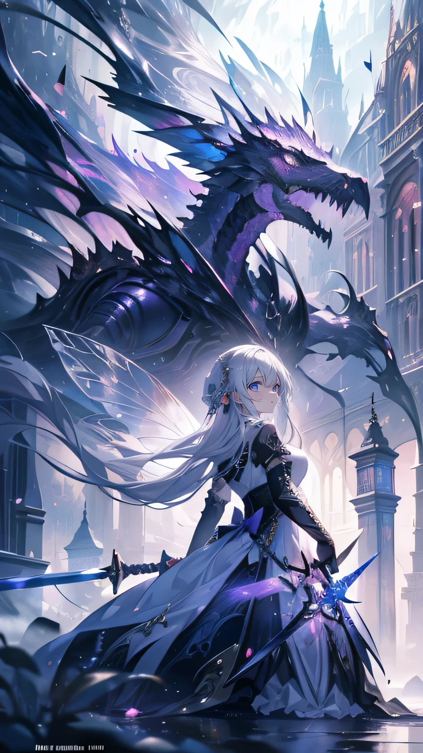 (Highest quality, masterpiece, Very detailedな, Very detailed, Exquisite, 16K, Absurd, Full HD), Castles with Gothic architecture, Luxurious and glamorous decoration,(Fairy Knight Princess, Purple eyes, Big eyes, Pale skin, expensive, slim, Skinny),(Decided, Mad, Serious expression), (((Prepare to attack with sword:1.2))), View your audience, Cover one eye, Long hair tied back, Gray Hair, (Fantasy, Romantic atmosphere), Theatre Studies, Realistic, , (Medium Shot), (From below), Low angle shot, Front view, ((Symmetrical Configuration)), Shine, (Dramatic lighting), (Cinema Lighting), (Volumetric lighting), (Dynamic Lighting), (Bright colors), Bright colors, Warm colors, (Architectural Photography)