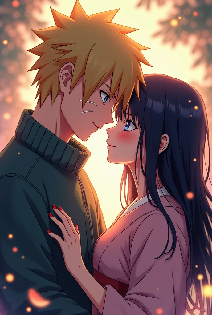 A beautiful detailed portrait of Naruto Uzumaki and Hinata Hyuga, a romantic couple from the Naruto anime series, (best quality,4k,8k,highres,masterpiece:1.2),ultra-detailed,(realistic,photorealistic,photo-realistic:1.37), intricate details, vibrant colors, dramatic lighting, cinematic composition, fantasy, anime style, character portrait, love, intimacy, tender moment, beautiful eyes, delicate features, flowing hair, elegant kimono, serene background
