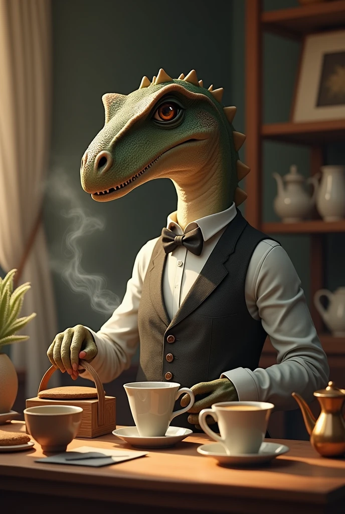 Dinosaur with bow tie and long sleeves、A dinosaur elegantly brewing coffee in a classical cafe、By drip、Calm、Over the counter Ceramic coffee pot Kettle Gentle expression