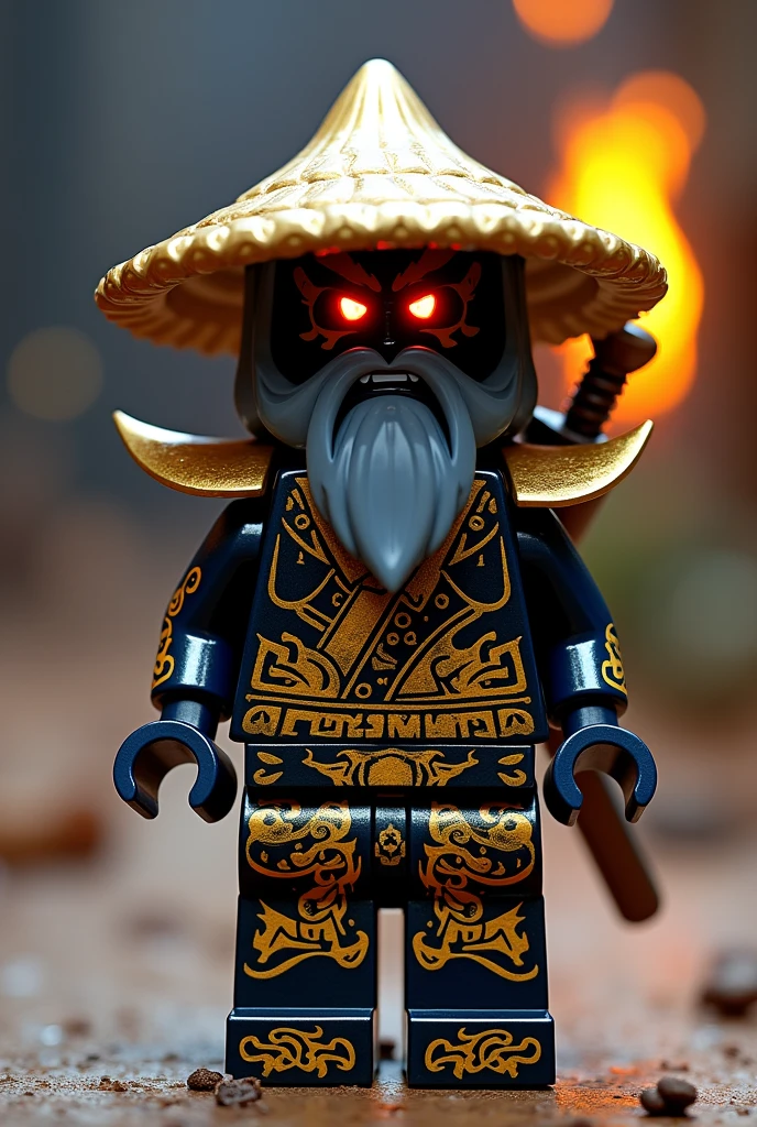Créer moi un lego ninja go en lego le premier maitre du spijisufuturiste de la dernière puissance dimensionaire doit avoir 4 bras sur les côtés un ninja avec un chapeau de paille pointu en noir sur la tête avec un masque de oni de couleur or et noir profond sur la tête et une barbe grise autour de la bouche avec des dents pointues avec une peau sombre noir et violet et il faut des traces d’électricité jaune et bleu foncé dans le visage et un regard terrible de noirceur avec des yeux ridé en rouge fonce profond brillant avec une puissance incroyable avec comme puissance élémentaire l’électrique, l’énergie, la terre, le feu, la glace. Les habits du ninja doit être tout en or avec des traces noir anthracite, bleu nocturne et golden suprême et fer anthracite avec des reure en forme d’électricité bleu clair et jaune brillant, avec 4 bras en or et violet et des écritures japonaises et le parchemin antique sacré le plus puissant en golden. Un ninja imbattable monstrueux beaucoup trop puissant qui contrôle tous les pouvoirs élémentaires. Le ninjadoit être destructeur et soif de victoire un gentil et mechant avec un sabre dans le dos