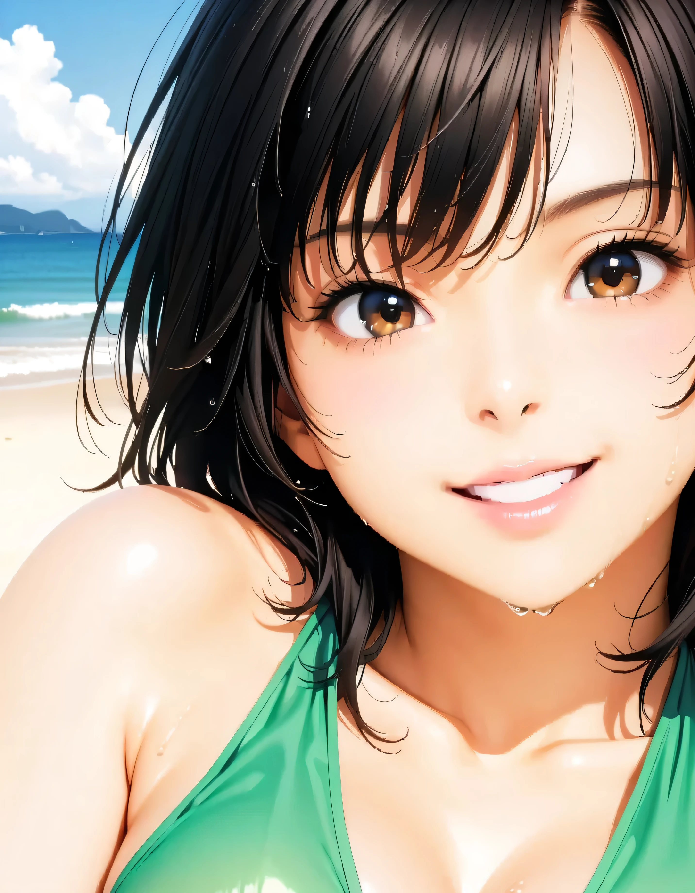(Highest quality:1.2, Very detailed, up to date, Vibrant, masterpiece:1.2, Highest quality, Best aesthetics), smile, ((Face Up Shot:1.4)), 1980s style, 8K Ultra HD, Background Blur, smile, One Woman, Woman in bikini, Strong sunlight, Seaside, sunny, Summer sunshine, Wet Skin, Sandy Beach, Dynamic Angle, dynamic, Get excited