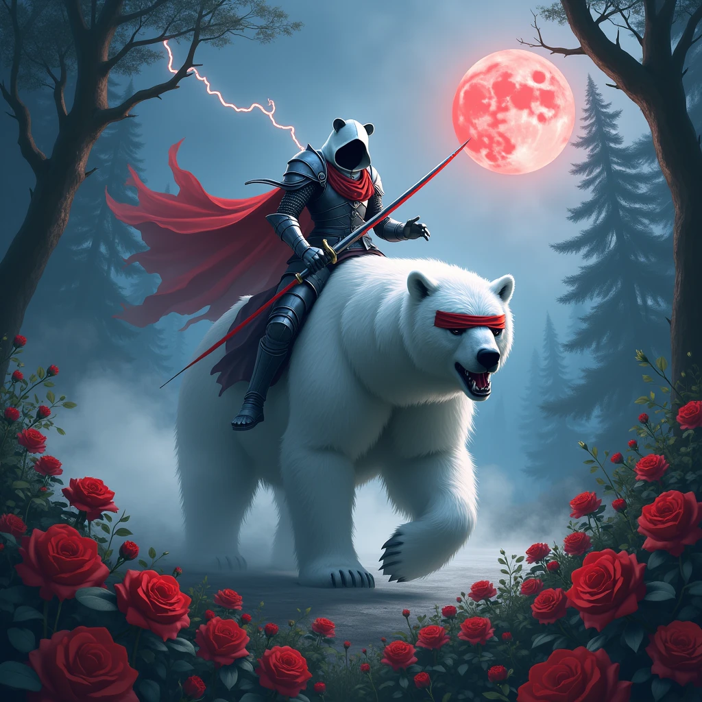Godlike, in it a male knight with a white hood with bear ears holding a Rakuyo is riding a polar bear in a forest while the moon shines, many Roses cover the ground and lightning falls from the sky. The polar bear has black eyes and an aggressive appearance. Only the man wears a red blindfold. In the background of the picture is the blood moon. The forest is full of trees with leaves.