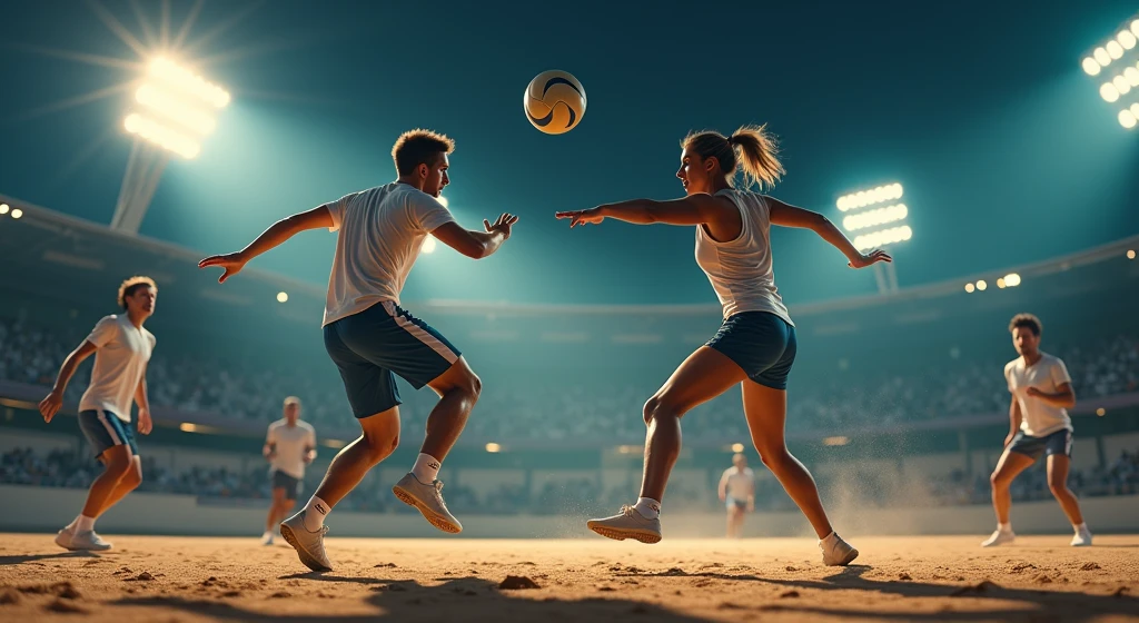 A vivid night-time scene of a footvolley match with two players on each side, intensely focused on the ball. The bright stadium lights cast sharp shadows on the sand, while a cityscape glows softly in the distant background, adding depth to the scene.
