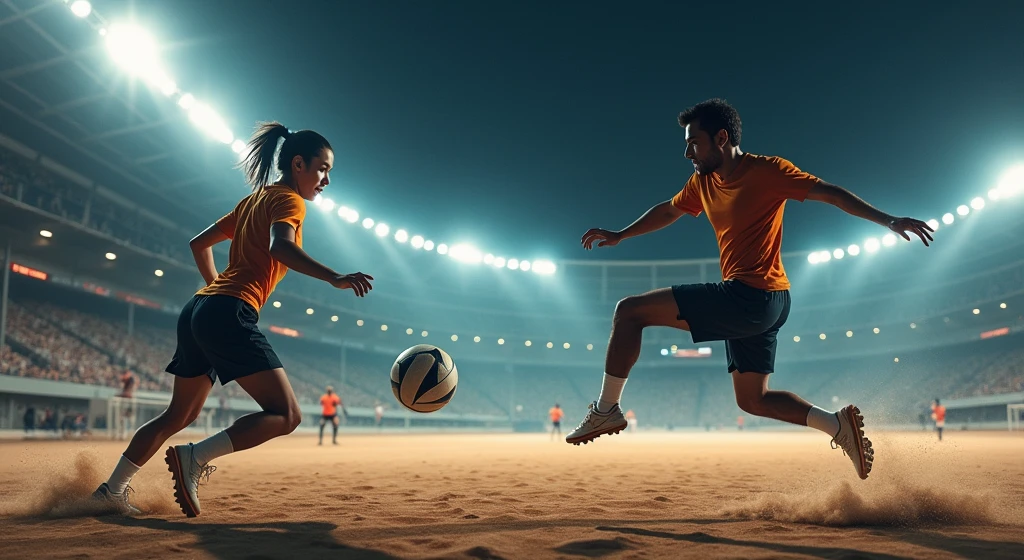 A vivid night-time scene of a footvolley match with two players on each side, intensely focused on the ball. The bright stadium lights cast sharp shadows on the sand, while a cityscape glows softly in the distant background, adding depth to the scene.