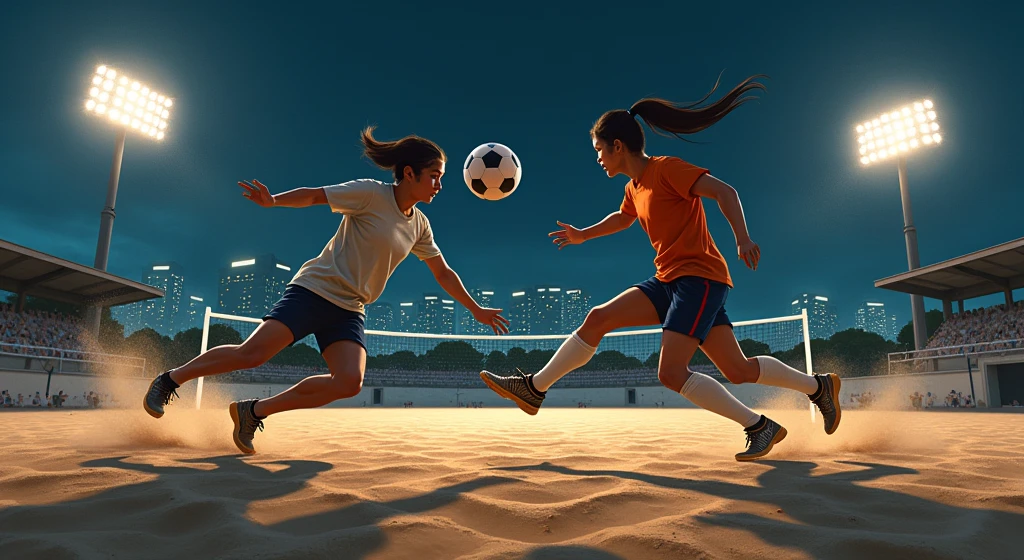 A vivid night-time scene of a footvolley match with two players on each side, intensely focused on the ball. The bright stadium lights cast sharp shadows on the sand, while a cityscape glows softly in the distant background, adding depth to the scene.