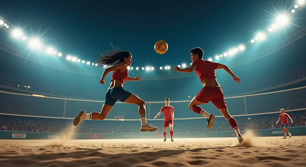 A vivid night-time scene of a footvolley match with two players on each side, intensely focused on the ball. The bright stadium lights cast sharp shadows on the sand, while a cityscape glows softly in the distant background, adding depth to the scene.