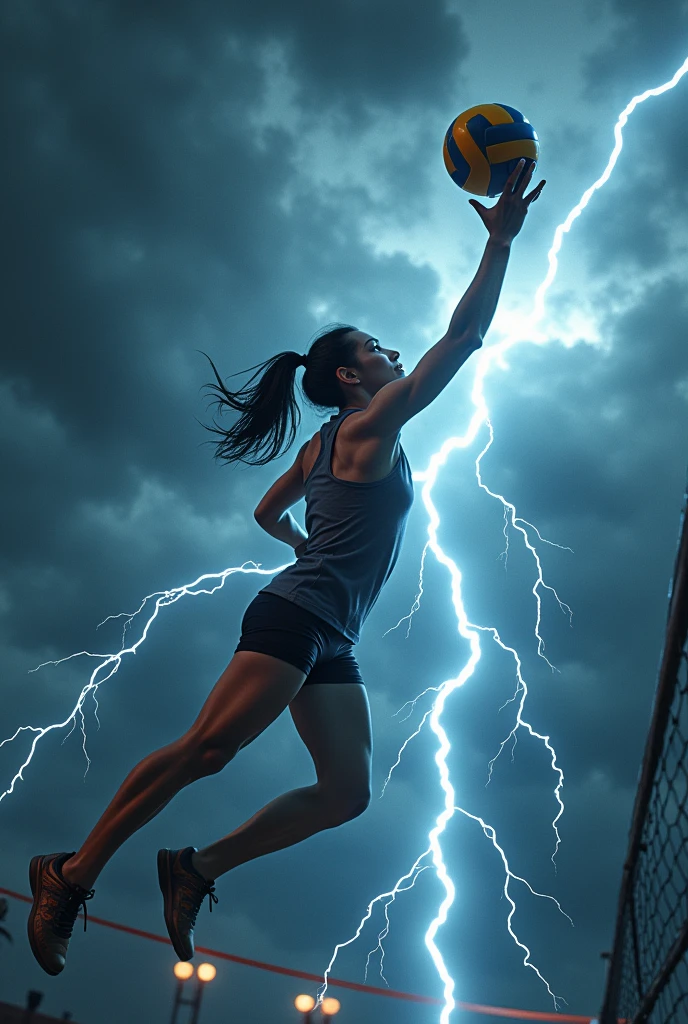 A volleyball player in the air spiking a volleyball and lightning bolts coming out of the shot 