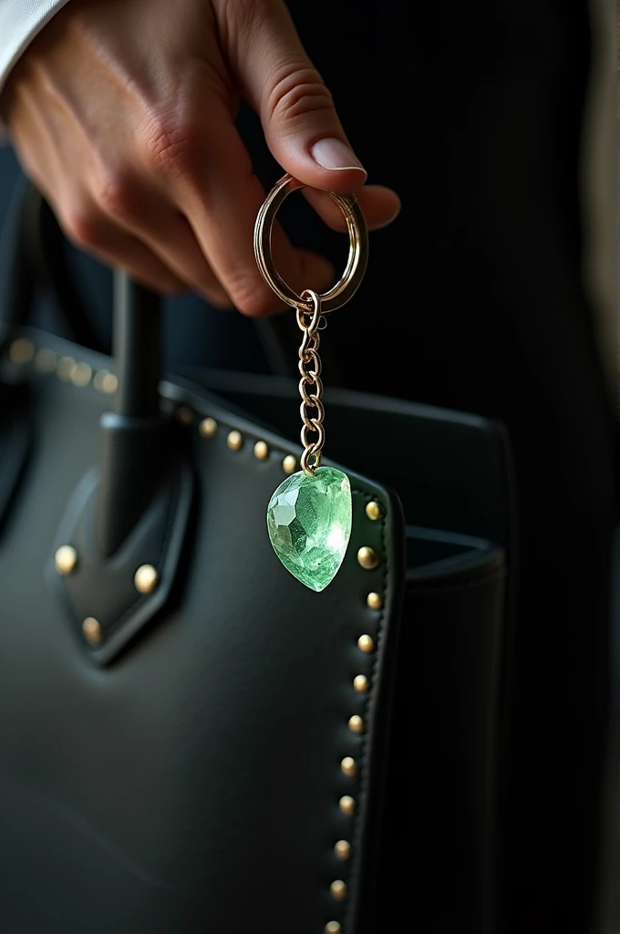 A small keychain made from light green gemstone fragments is hanging from a luxurious black bag, held by a man dressed in elegant attire.