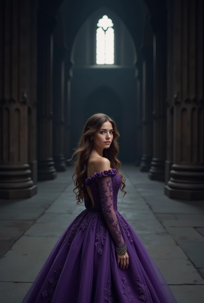 A far away image of an extremely beautiful woman, of Brown hair, eyes the color of honey, smiling , with freckles, small nose, full lips, very feminine features, dressed in a very beautiful purple period dress, in the middle of a completely black castle hallway