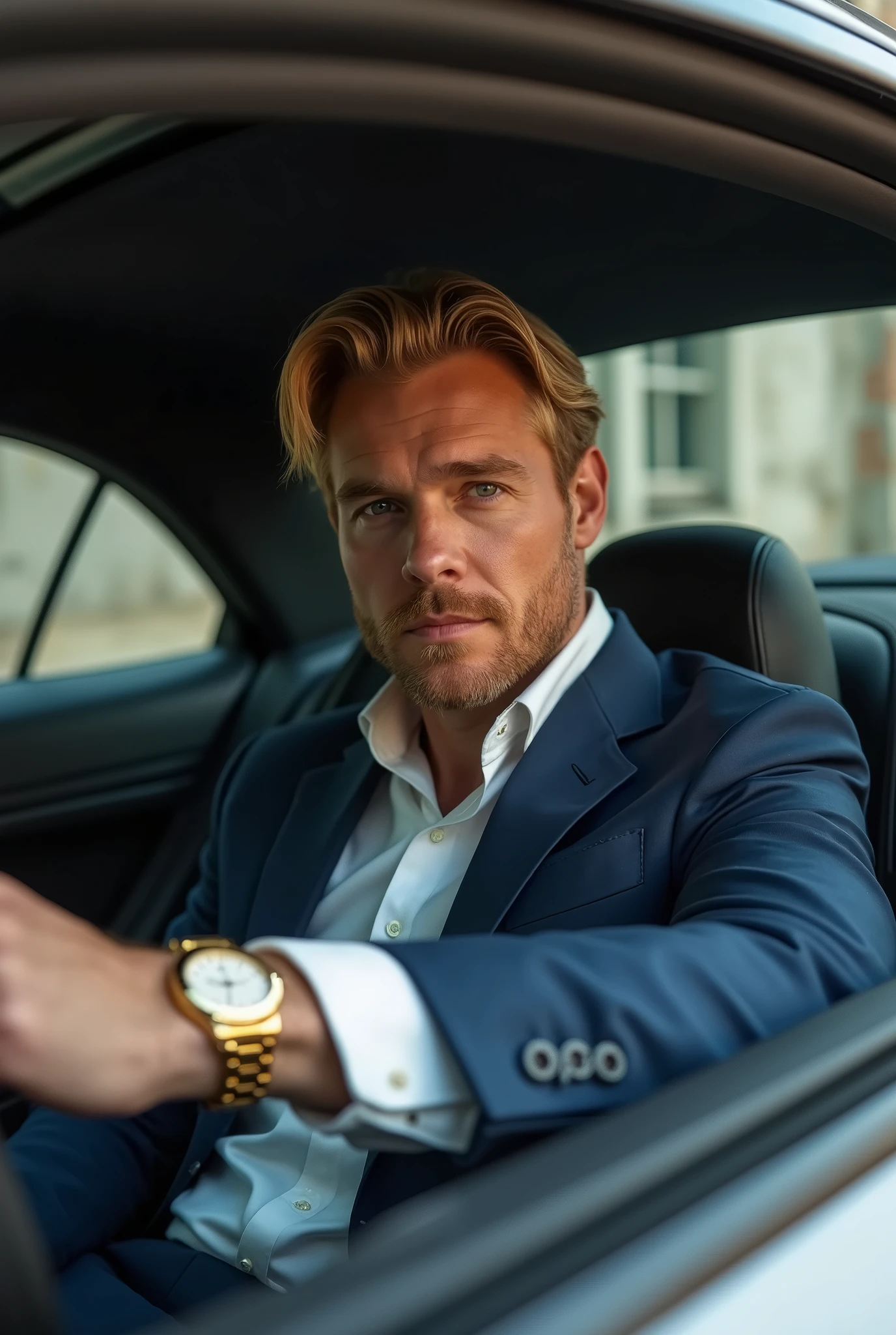 tall blonde, 4 man, dark blue elegant suit, gold watch, sitting in car, open window, talking to camera, old garage background, new bentley car