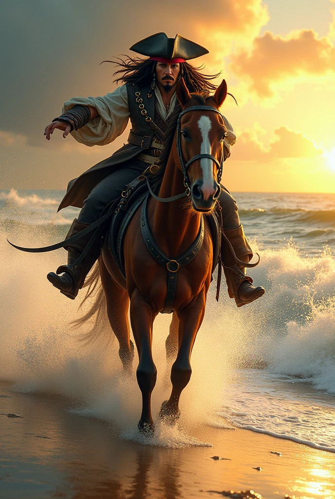 Captain jack sparrow riding a beautiful horse very speed at sea shore at dawn water droplets are flying
