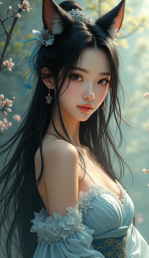 a beautiful girl with black hair and cat ears posing for a photo, a detailed painting by Lü Ji, cgsociety, computer art, xianxia, detailed long black hair, female character a beautiful asian girl