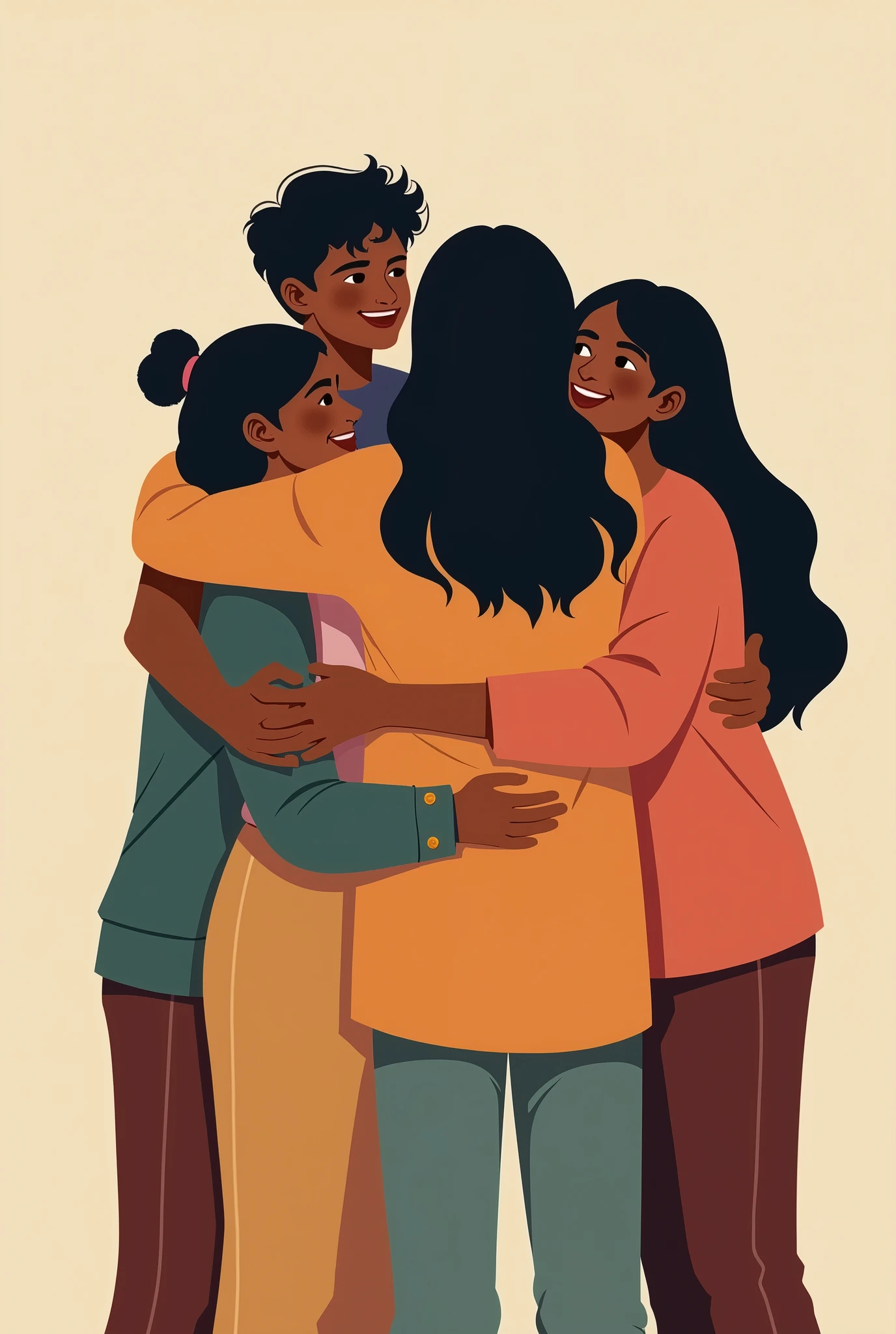 Group hug- 5 people, 2 boys and 3 girls- all Indians, no face