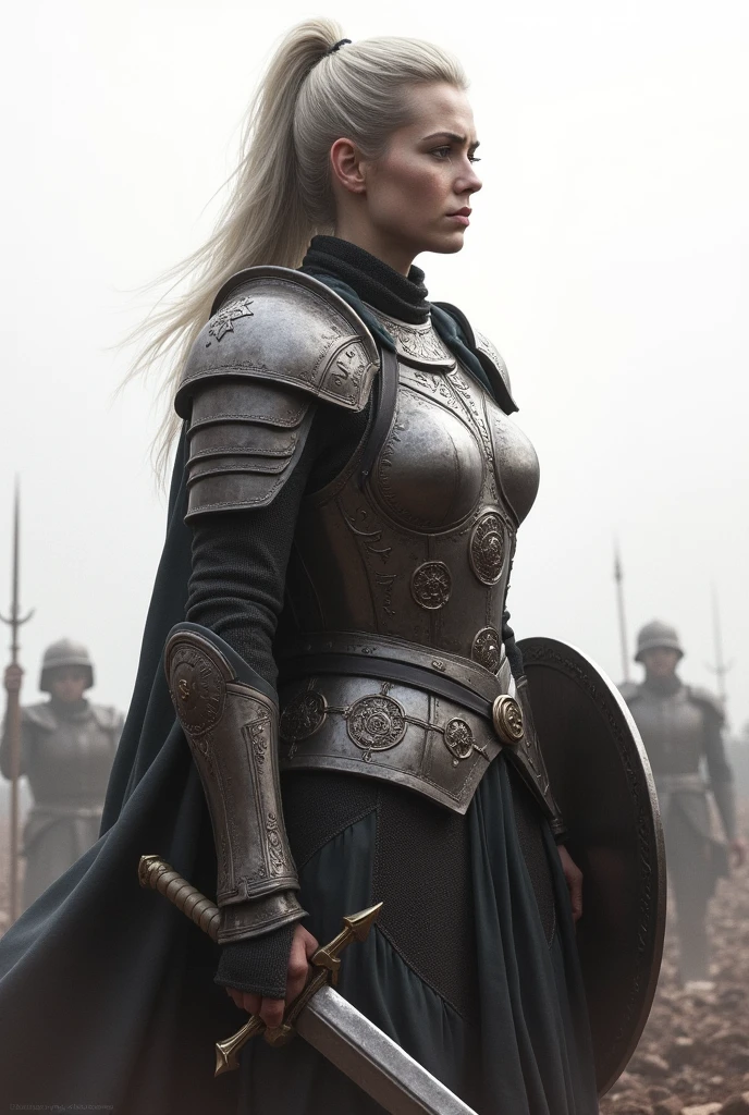 Looking back dog (Background is white) Female, in armor, stands, On the battlefield, with a sword and a shield in his hands
